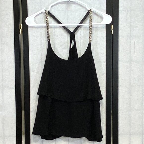 Vanity Y Back Beaded Strap Tiered Ruffled Layered Flowy Tank Top Black L - Picture 1 of 13